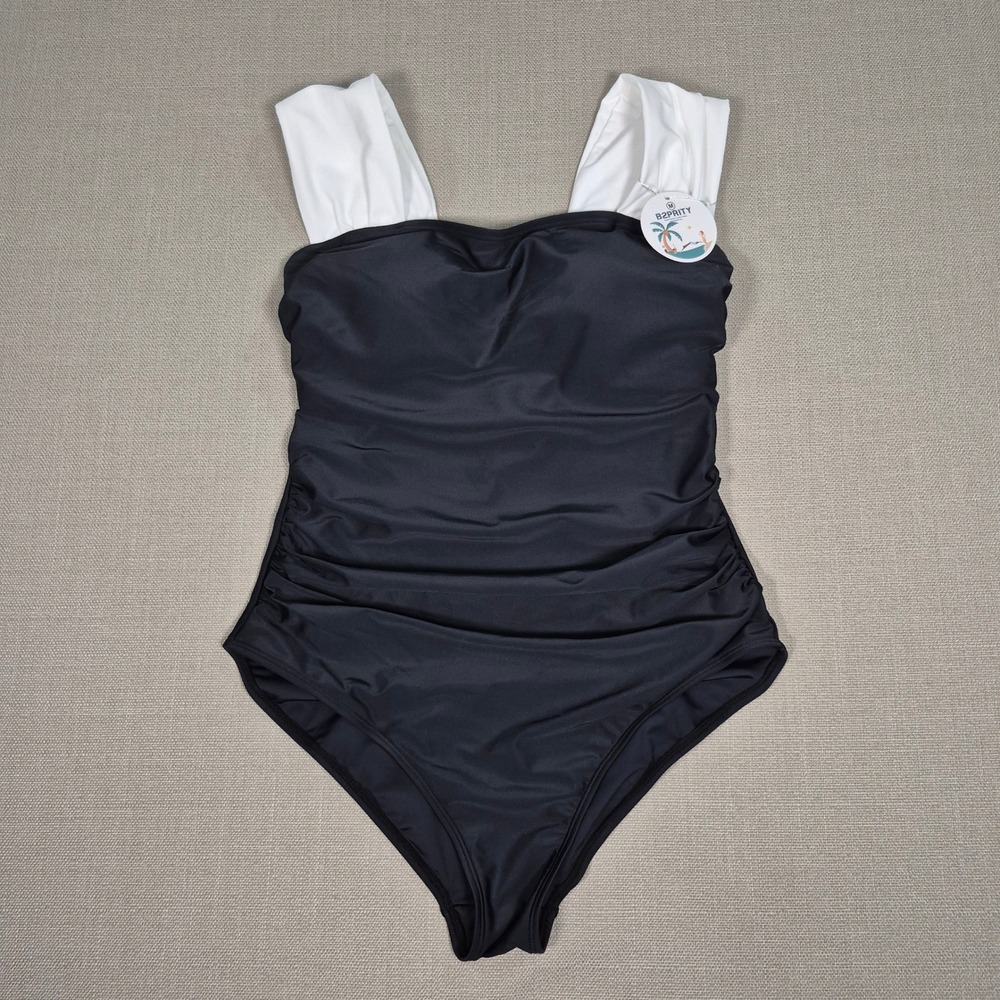 B2prity Womens One Piece Swimsuit Tummy Control Black White Ruched Medium - Picture 3 of 9